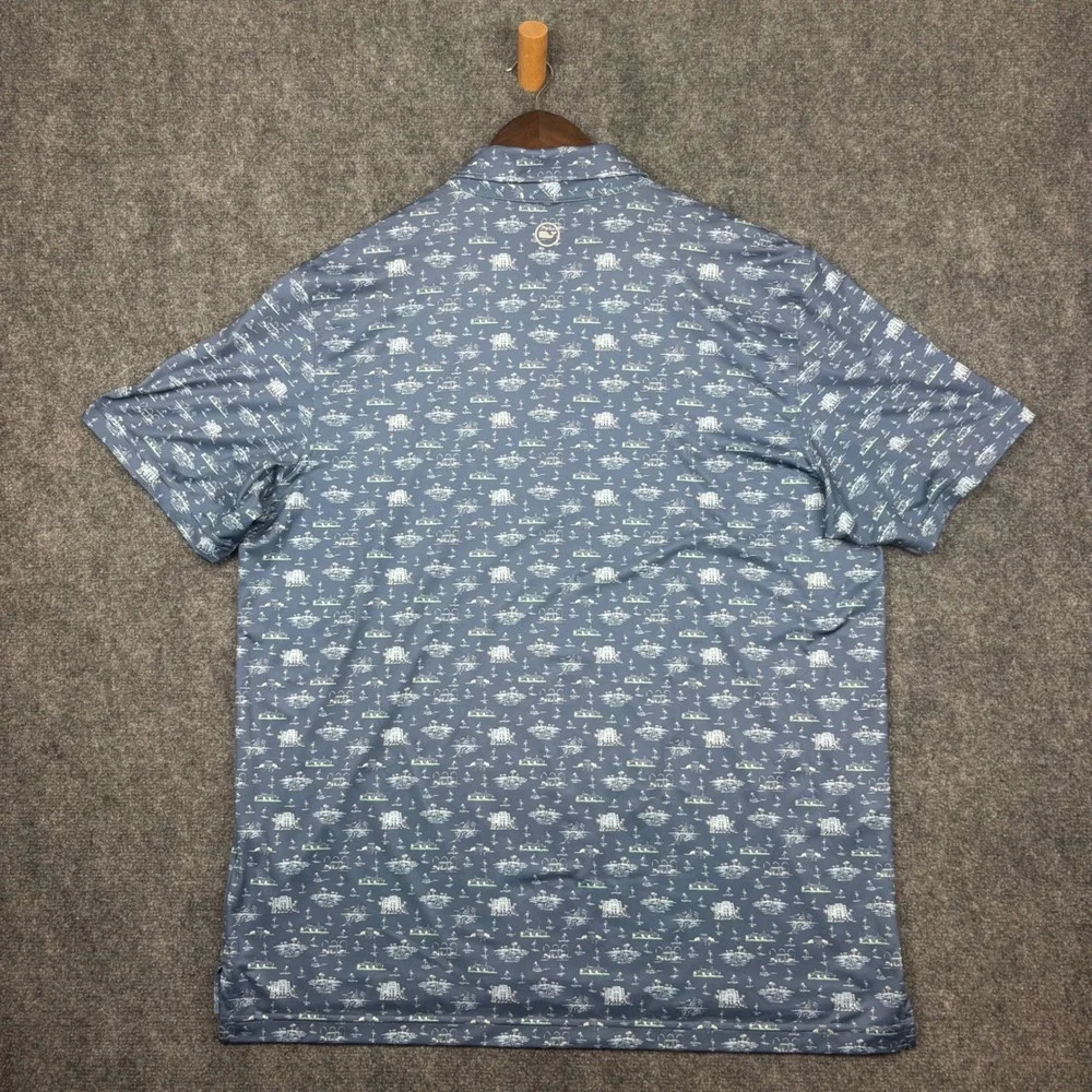 Vineyard Vines Polo Mens XL Blue Performance Tropical Island Print Golf Shirt
